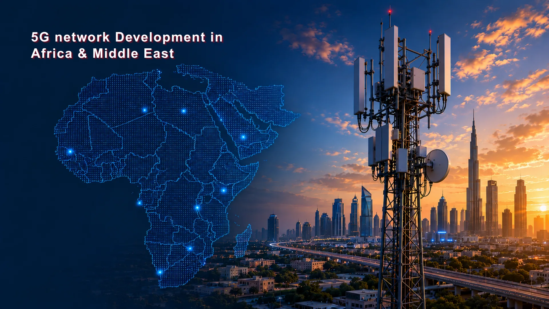 5G network deployment in Africa and the Middle East with telecom tower and digital regional map.
